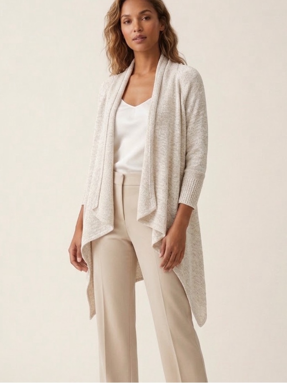 Kate Hill Cream Knit Open Front Cardigan Sweater Cotton Draped Asymmetrical Hem